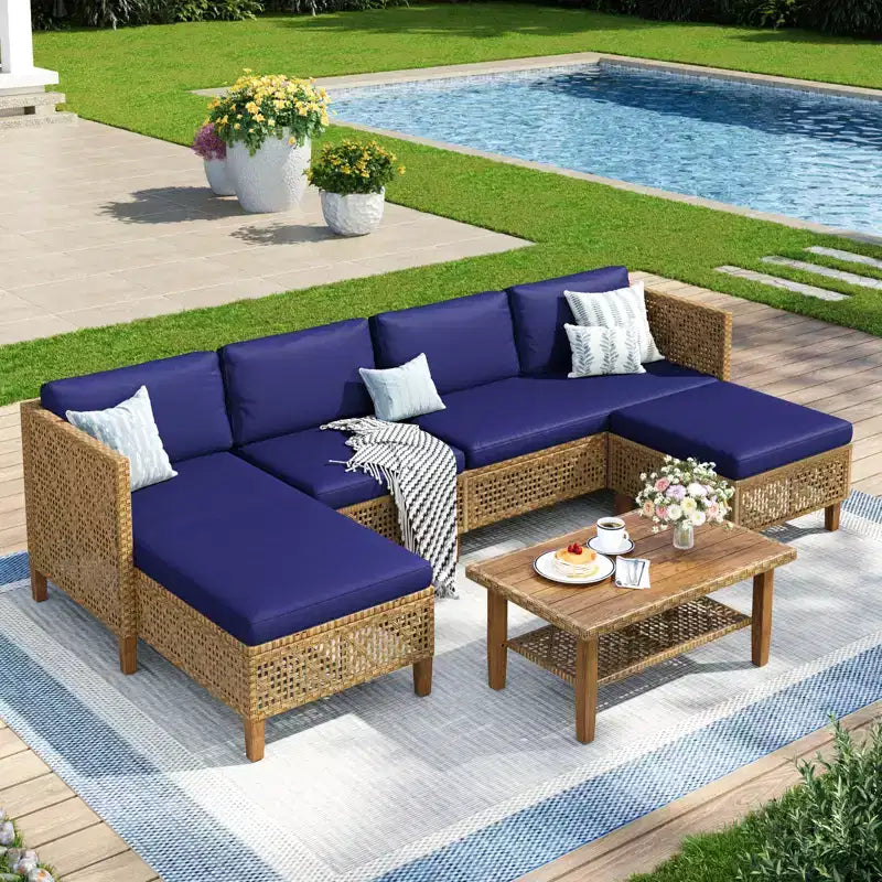 Captiva Designs Salon de jardin en rotin et osier avec canapés modulaires, ensemble de conversation avec pouf et coussins