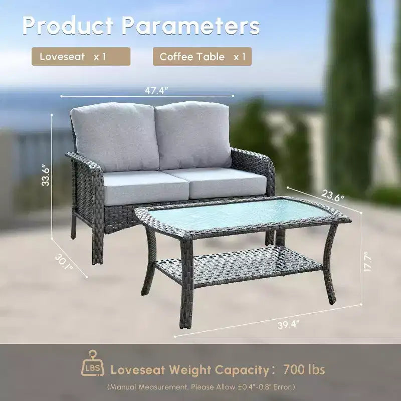 HOMLUX Ensemble de conversation d'extérieur 2 pièces en osier résistant aux intempéries pour patio, terrasse, balcon, jardin