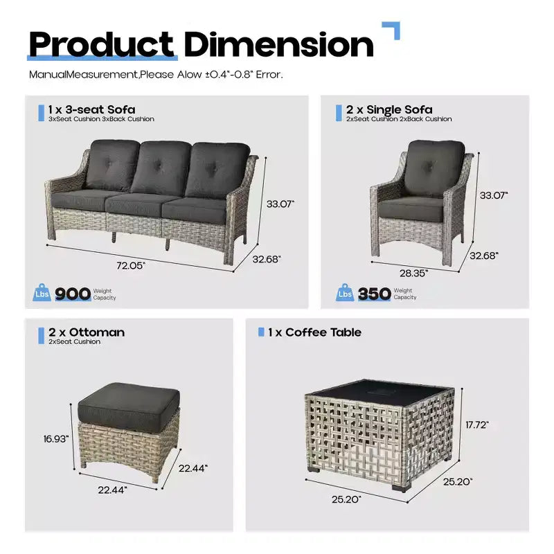 Ensemble de conversation de patio HOMLUX 6 pièces, canapé 3 places avec coussins, chaises en rotin, poufs, table basse