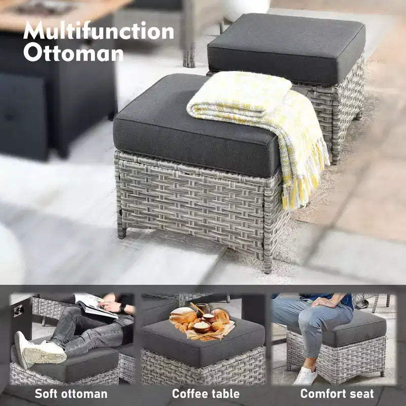 Ensemble de conversation de patio HOMLUX 6 pièces, canapé 3 places avec coussins, chaises en rotin, poufs, table basse
