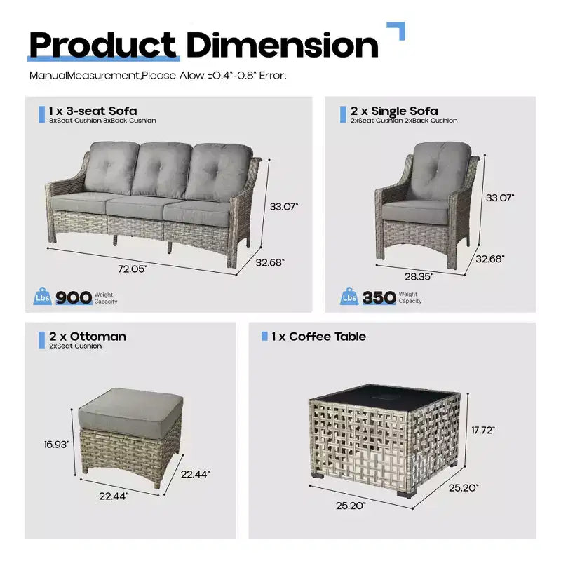 Ensemble de conversation de patio HOMLUX 6 pièces, canapé 3 places avec coussins, chaises en rotin, poufs, table basse