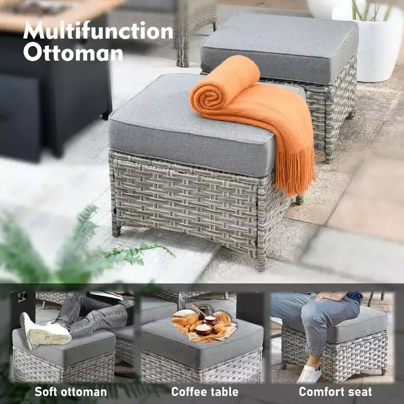 Ensemble de conversation de patio HOMLUX 6 pièces, canapé 3 places avec coussins, chaises en rotin, poufs, table basse
