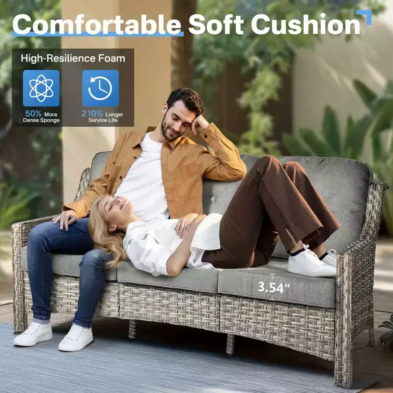 Ensemble de conversation de patio HOMLUX 6 pièces, canapé 3 places avec coussins, chaises en rotin, poufs, table basse