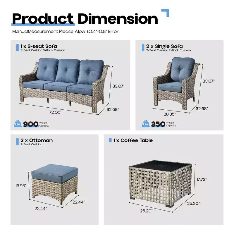 Ensemble de conversation de patio HOMLUX 6 pièces, canapé 3 places avec coussins, chaises en rotin, poufs, table basse