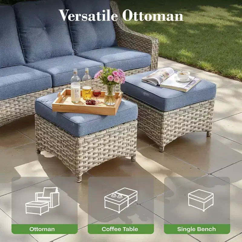 Ensemble de conversation de patio HOMLUX 6 pièces, canapé 3 places avec coussins, chaises en rotin, poufs, table basse