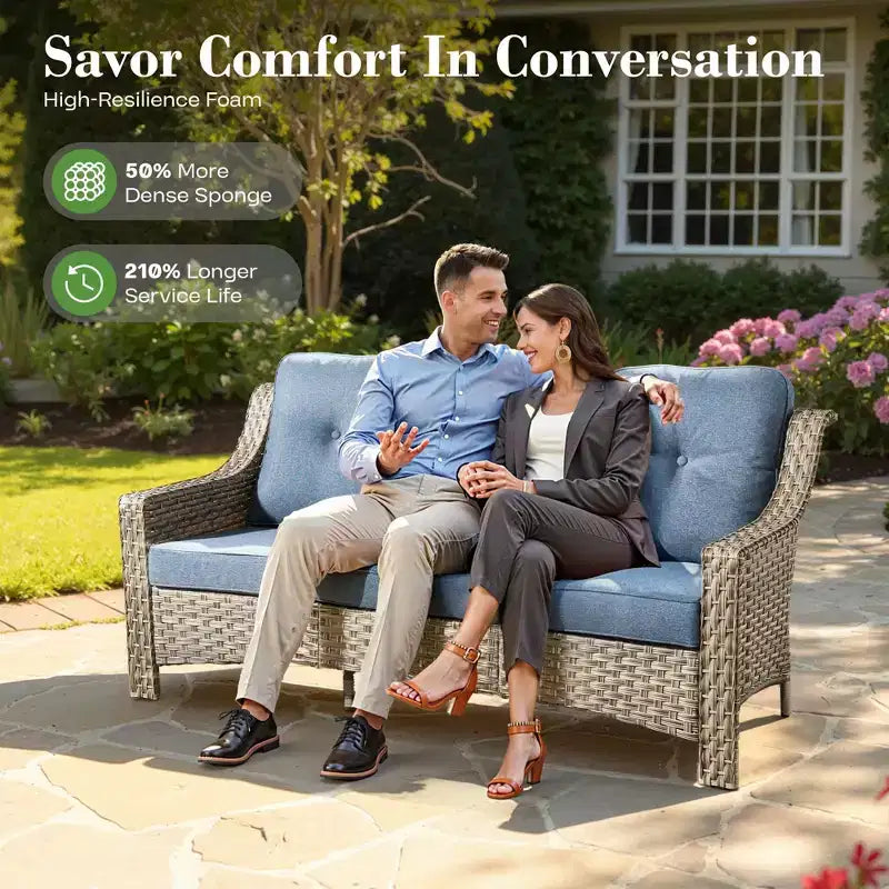 Ensemble de conversation de patio HOMLUX 6 pièces, canapé 3 places avec coussins, chaises en rotin, poufs, table basse