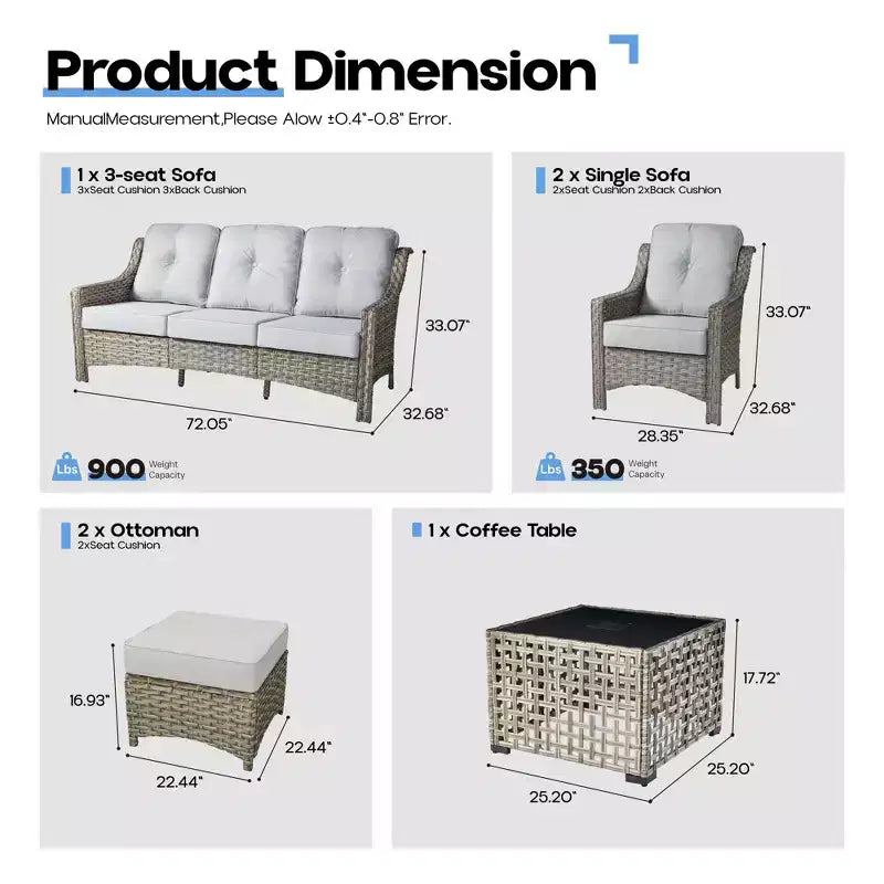 Ensemble de conversation de patio HOMLUX 6 pièces, canapé 3 places avec coussins, chaises en rotin, poufs, table basse