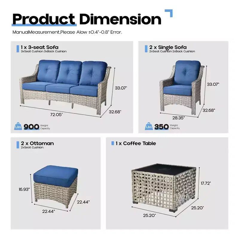Ensemble de conversation de patio HOMLUX 6 pièces, canapé 3 places avec coussins, chaises en rotin, poufs, table basse