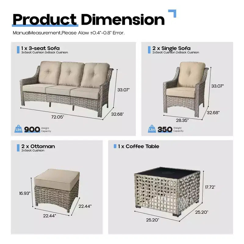 Ensemble de conversation de patio HOMLUX 6 pièces, canapé 3 places avec coussins, chaises en rotin, poufs, table basse
