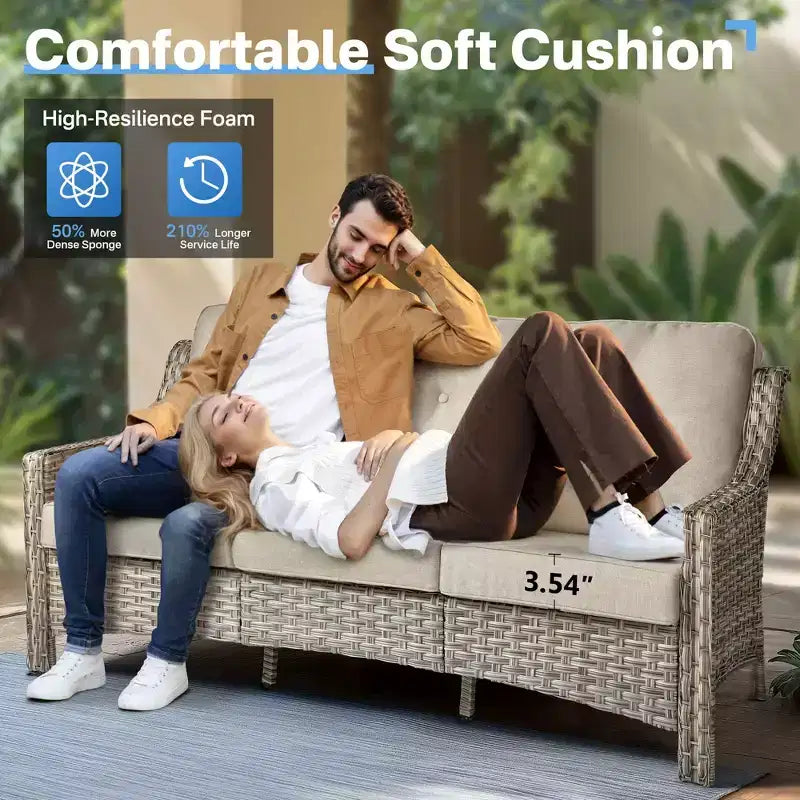 Ensemble de conversation de patio HOMLUX 6 pièces, canapé 3 places avec coussins, chaises en rotin, poufs, table basse