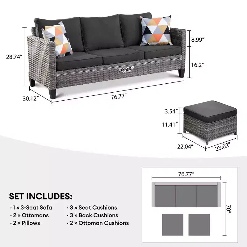 HOMLUX Ensembles de conversation 3 places pour terrasse, canapé d'extérieur en osier pour balcon, patio, jardin