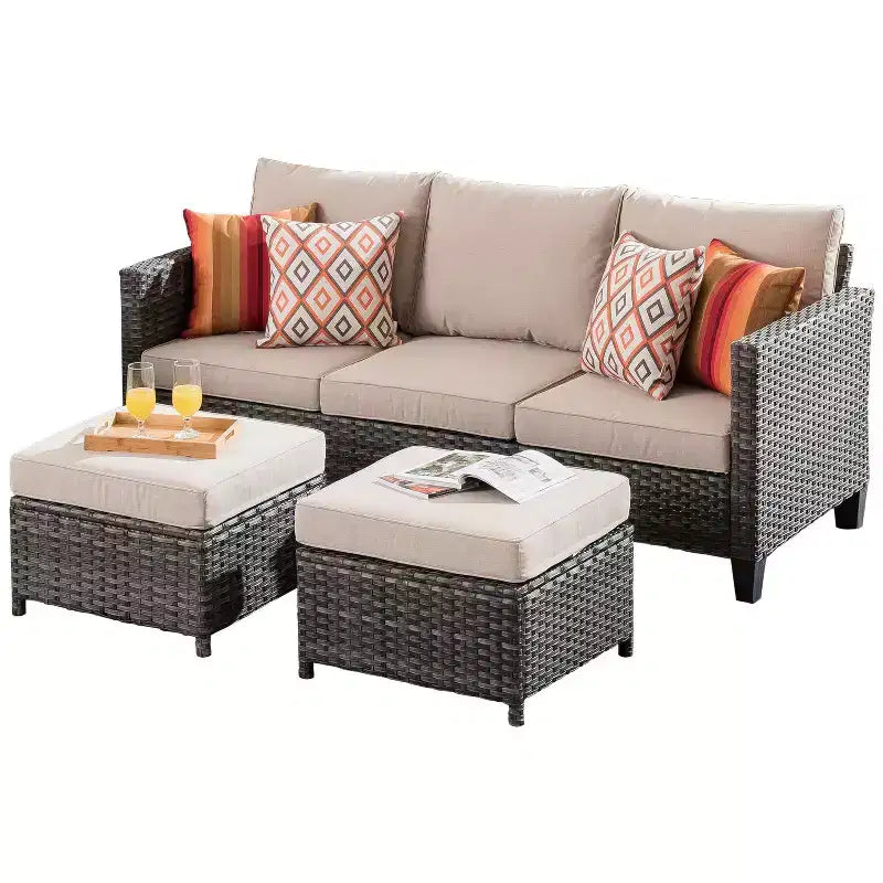 HOMLUX Ensembles de conversation 3 places pour terrasse, canapé d'extérieur en osier pour balcon, patio, jardin