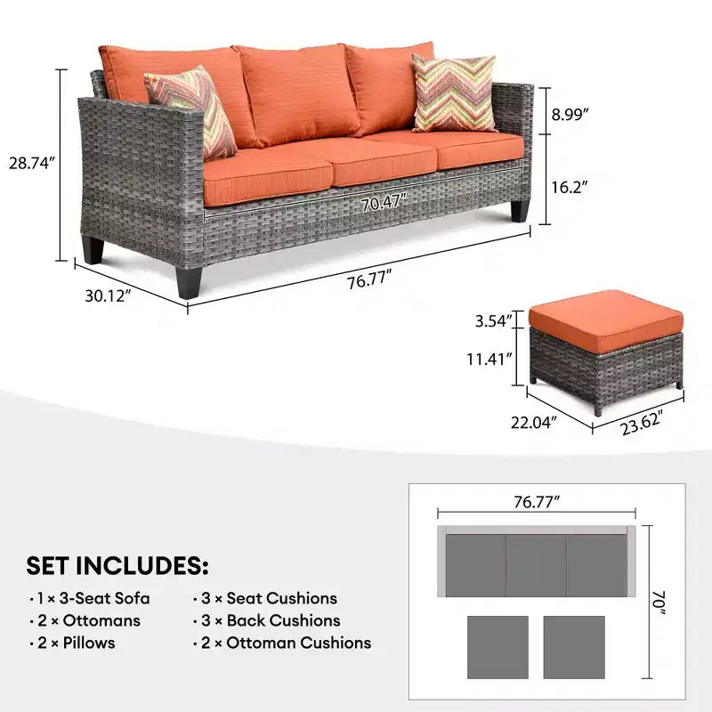 HOMLUX Ensembles de conversation 3 places pour terrasse, canapé d'extérieur en osier pour balcon, patio, jardin