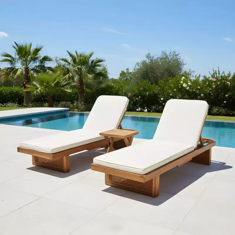 Christopher Knight Home Wino Patio 3 Piece Acacia Wood Rattan Sunlounge Set with Cushion and Slatted Table