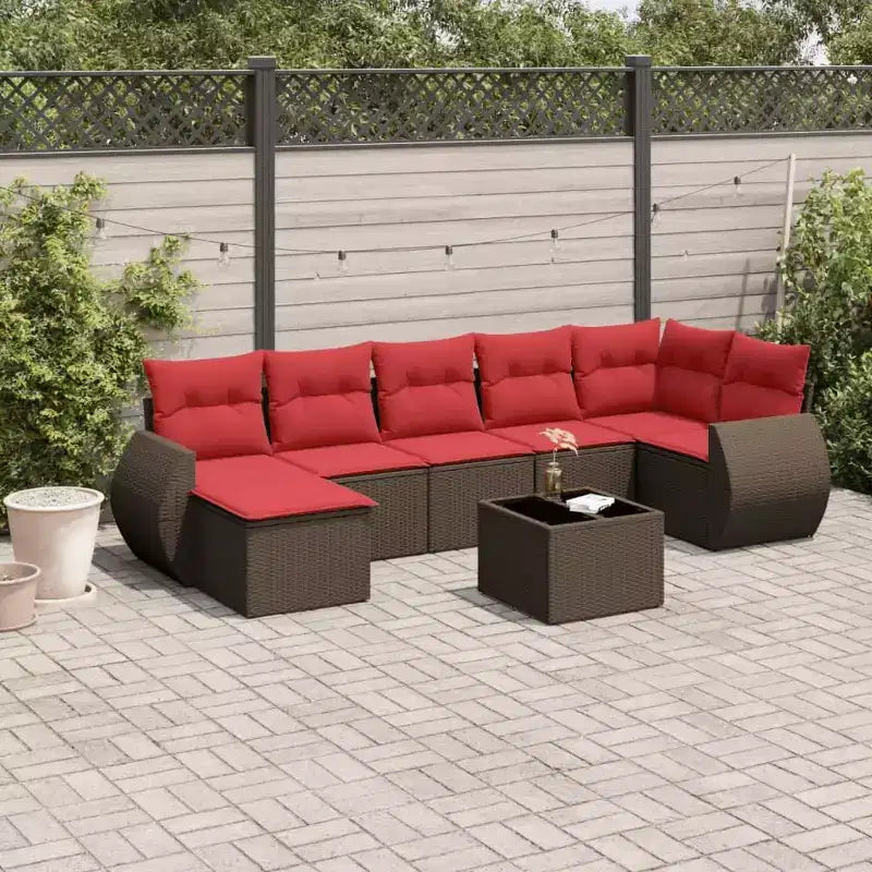 vidaXL Salon de jardin 8 pièces avec coussins résine tressée marron - Marron et rouge avec table