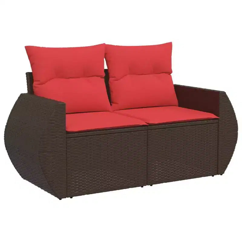 vidaXL Salon de jardin 8 pièces avec coussins résine tressée marron - Marron et rouge avec table