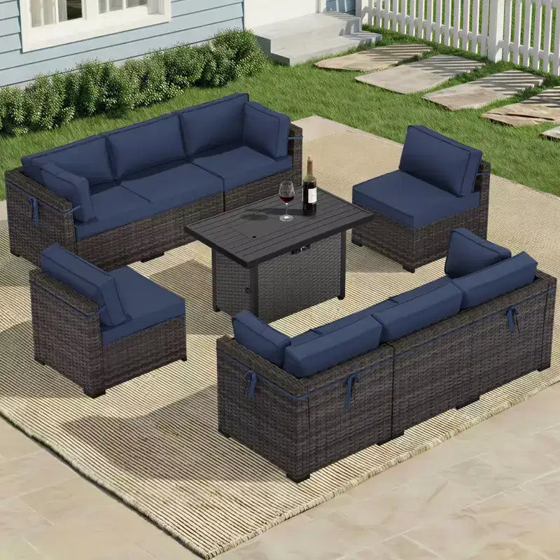 UPTIOT Ensemble de canapé d'angle d'extérieur haut de gamme toutes saisons avec 4 méridiennes d'angle, 4 sièges profonds et table brasero convertible grise