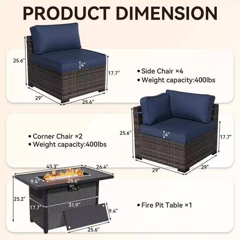 UPTIOT Ensemble de canapé d'angle d'extérieur haut de gamme toutes saisons avec 4 méridiennes d'angle, 4 sièges profonds et table brasero convertible grise