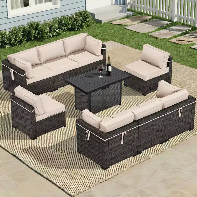 UPTIOT Ensemble de canapé d'angle d'extérieur haut de gamme toutes saisons avec 4 méridiennes d'angle, 4 sièges profonds et table brasero convertible grise