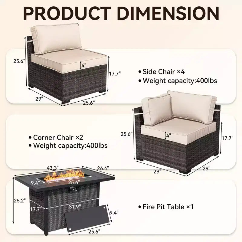 UPTIOT Ensemble de canapé d'angle d'extérieur haut de gamme toutes saisons avec 4 méridiennes d'angle, 4 sièges profonds et table brasero convertible grise