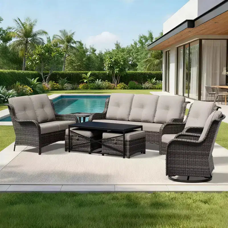 Ensemble de canapés d'extérieur UPTIOT Premium avec fauteuils pivotants et poufs multifonctionnels