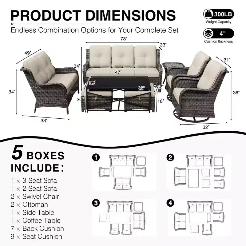 Ensemble de canapés d'extérieur UPTIOT Premium avec fauteuils pivotants et poufs multifonctionnels