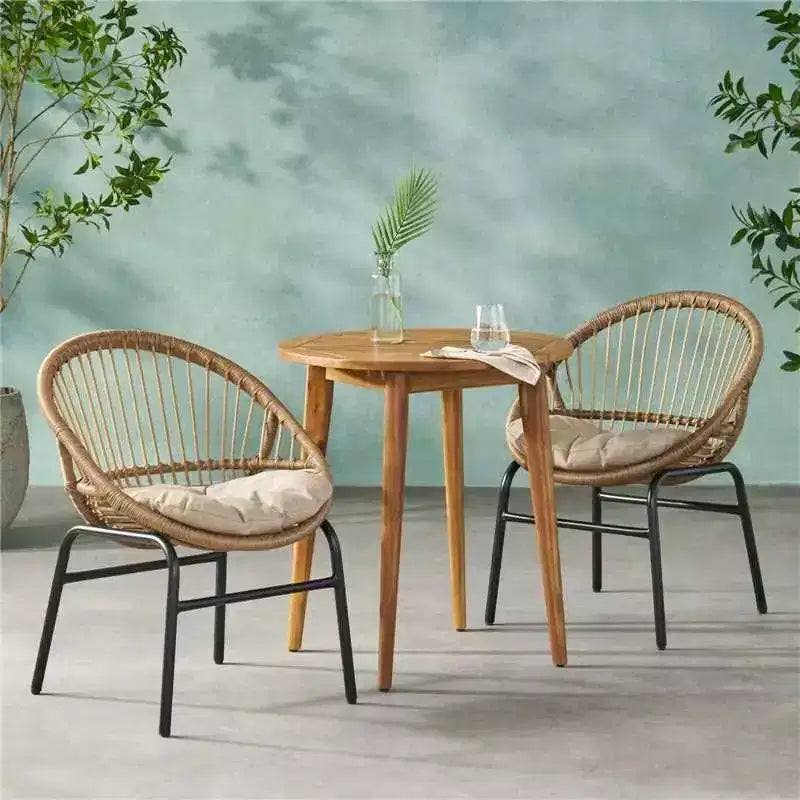 Christopher Knight Home Loic Farmhouse Iron Patio Seating Set with PE Rattan Design and Acacia Slatted Bistro Table