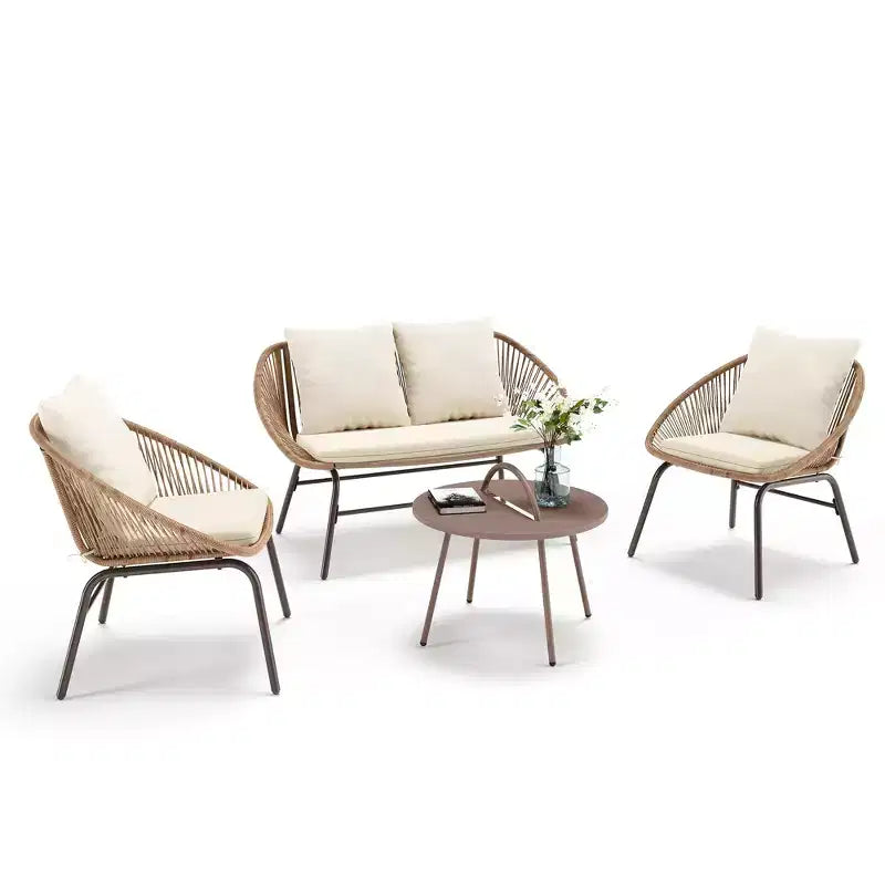 LAUSAINT HOME Ensemble de mobilier de patio 4 pièces, ensemble de mobilier d'extérieur bohème respirant tressé en corde avec causeuse et table basse portable