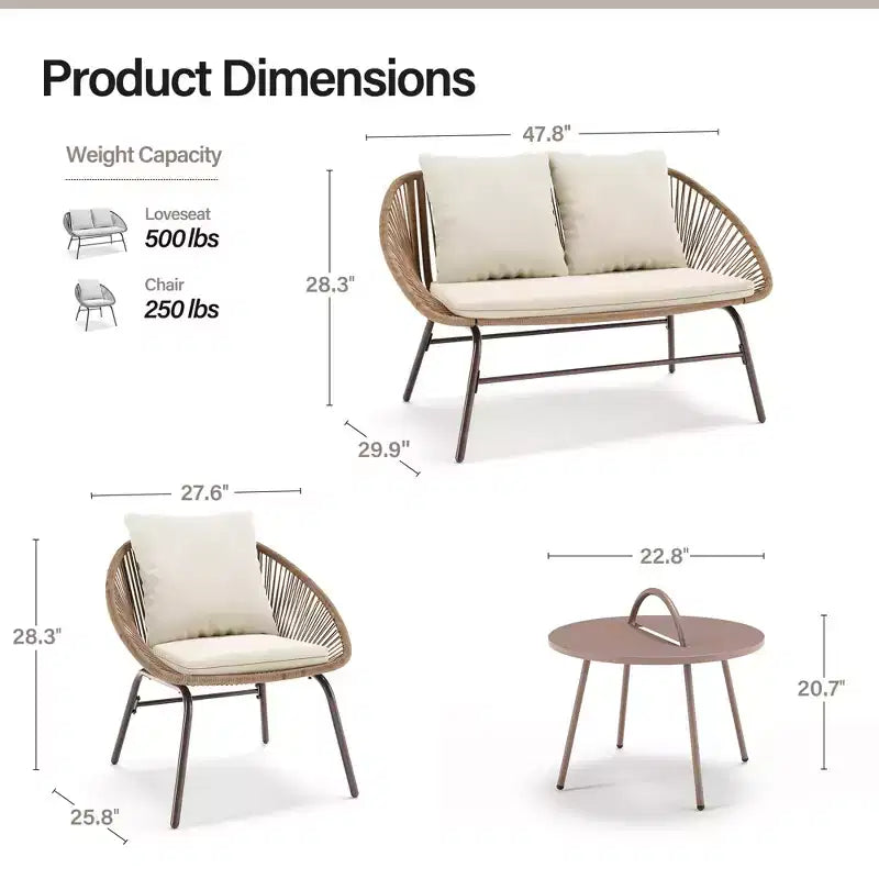 LAUSAINT HOME Ensemble de mobilier de patio 4 pièces, ensemble de mobilier d'extérieur bohème respirant tressé en corde avec causeuse et table basse portable
