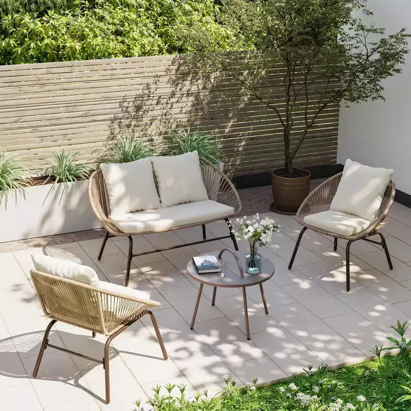 LAUSAINT HOME Ensemble de mobilier de patio 4 pièces, ensemble de mobilier d'extérieur bohème respirant tressé en corde avec causeuse et table basse portable