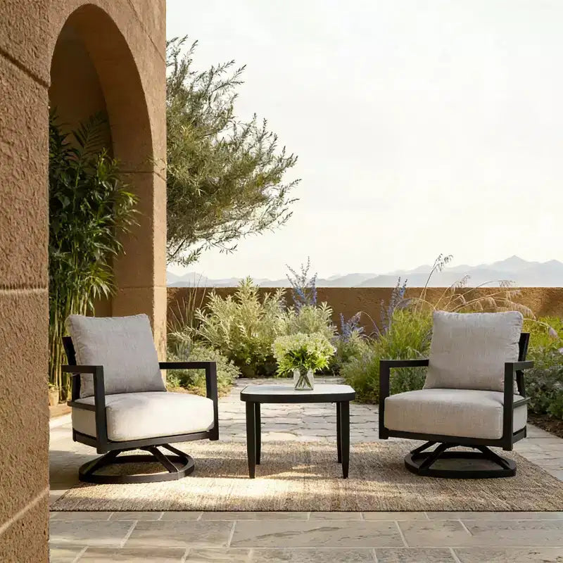 Ensemble de 3 fauteuils pivotants de patio en aluminium, ensemble de meubles d'extérieur avec coussins Sunbrella et table d'appoint pour terrasse, jardin ou balcon - Panipeachy
