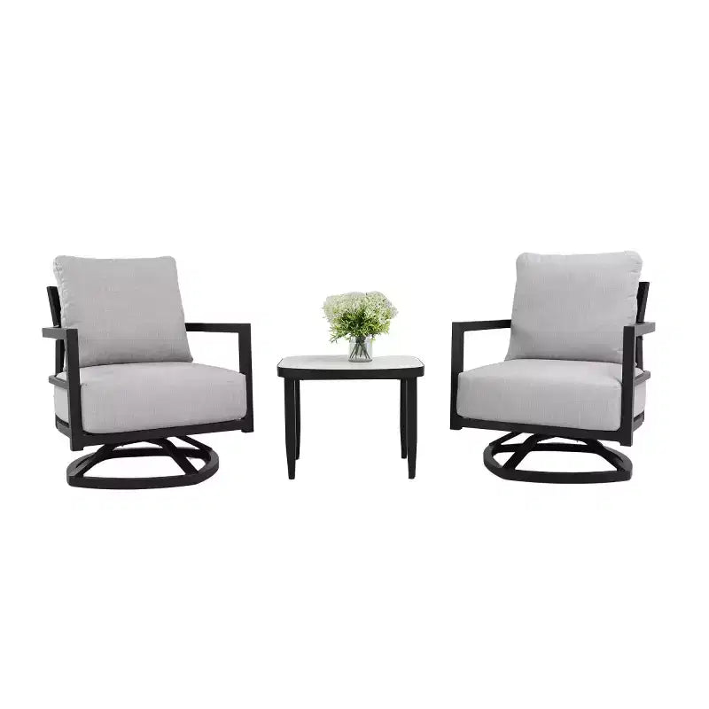 Ensemble de 3 fauteuils pivotants de patio en aluminium, ensemble de meubles d'extérieur avec coussins Sunbrella et table d'appoint pour terrasse, jardin ou balcon - Panipeachy