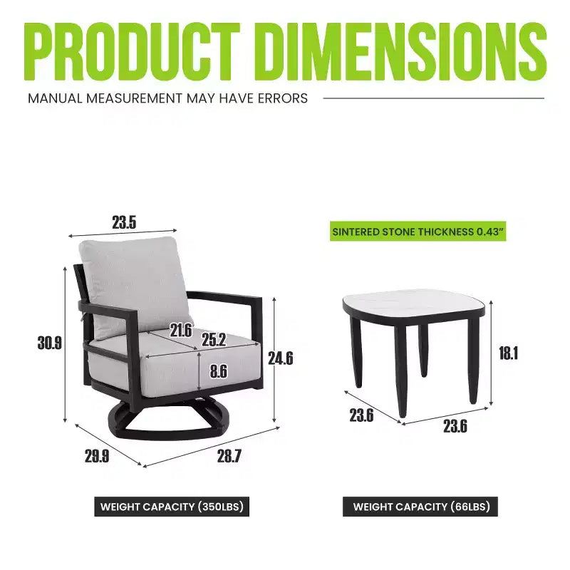 Ensemble de 3 fauteuils pivotants de patio en aluminium, ensemble de meubles d'extérieur avec coussins Sunbrella et table d'appoint pour terrasse, jardin ou balcon - Panipeachy