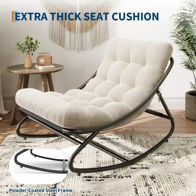 Fauteuil à bascule capitonné surdimensionné avec coussin amovible, fauteuil d'appoint rembourré blanc crème pour salon et chambre