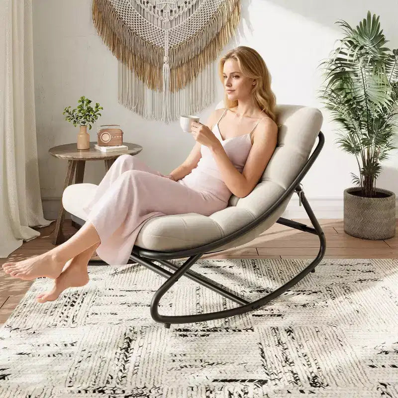 Fauteuil à bascule capitonné surdimensionné avec coussin amovible, fauteuil d'appoint rembourré blanc crème pour salon et chambre