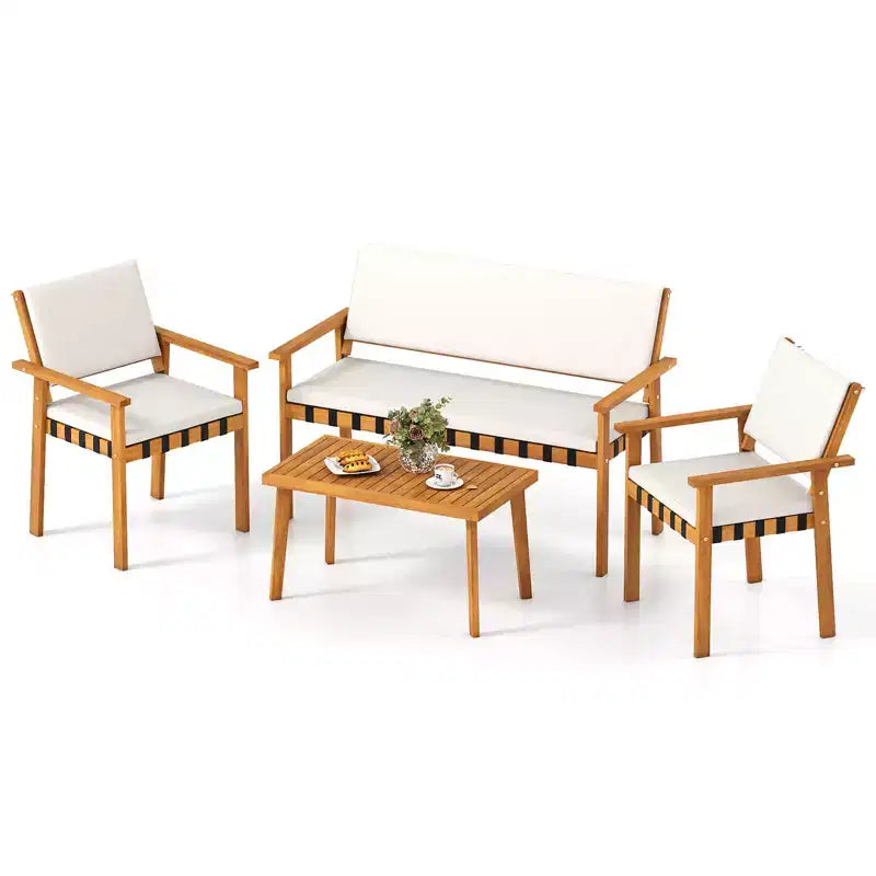 Costway Ensemble de meubles en bois 4 pièces avec coussins de dossier de canapé pour jardin, porche