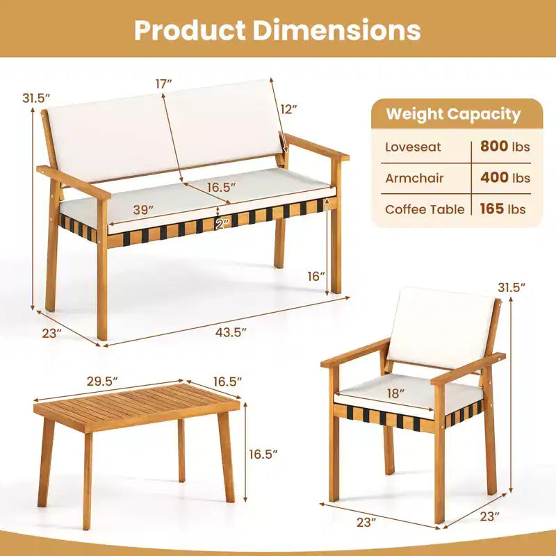 Costway Ensemble de meubles en bois 4 pièces avec coussins de dossier de canapé pour jardin, porche