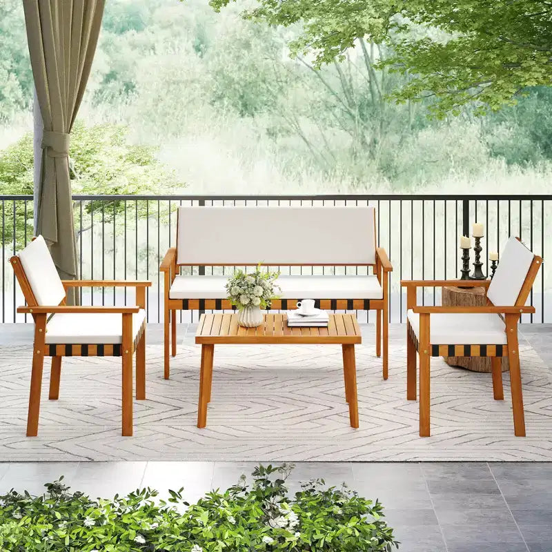 Costway Ensemble de meubles en bois 4 pièces avec coussins de dossier de canapé pour jardin, porche