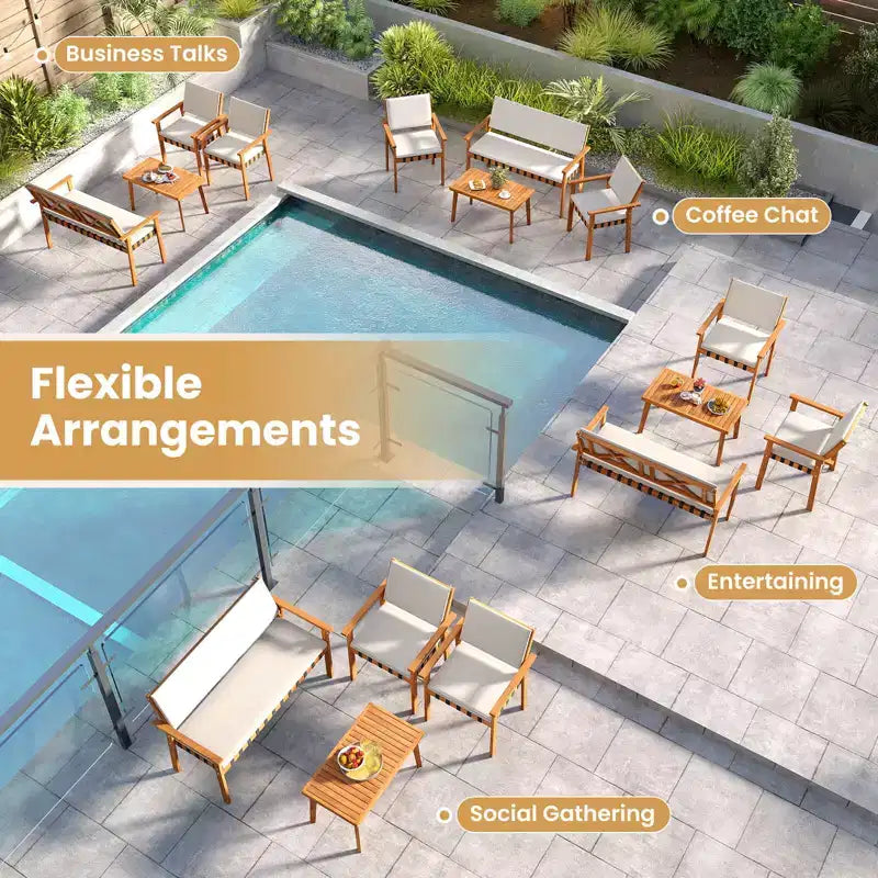 Costway Ensemble de meubles en bois 4 pièces avec coussins de dossier de canapé pour jardin, porche