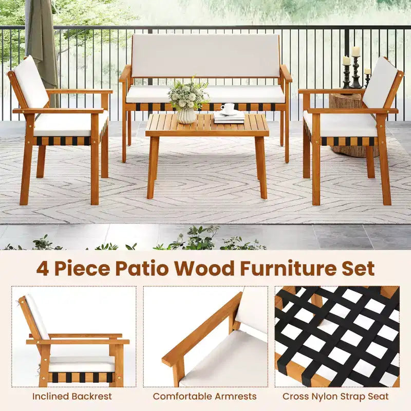 Costway Ensemble de meubles en bois 4 pièces avec coussins de dossier de canapé pour jardin, porche