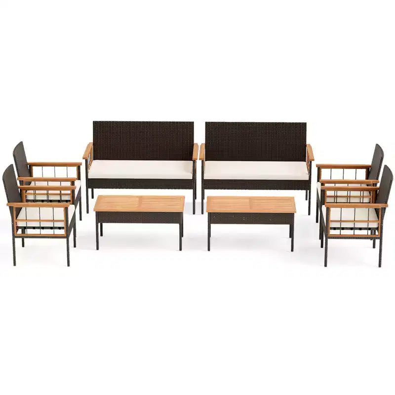 Costway Ensemble de Meubles en Rotin 8 Pièces avec Plateau de Table en Bois d'Acacia Accoudoirs Coussins pour Jardin