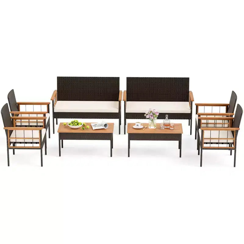 Costway Ensemble de Meubles en Rotin 8 Pièces avec Plateau de Table en Bois d'Acacia Accoudoirs Coussins pour Jardin