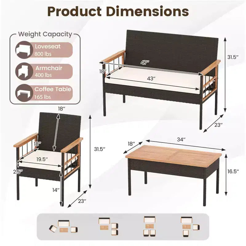 Costway Ensemble de Meubles en Rotin 8 Pièces avec Plateau de Table en Bois d'Acacia Accoudoirs Coussins pour Jardin
