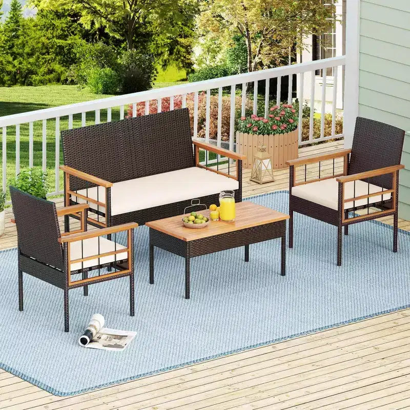 Costway Ensemble de Meubles en Rotin 8 Pièces avec Plateau de Table en Bois d'Acacia Accoudoirs Coussins pour Jardin