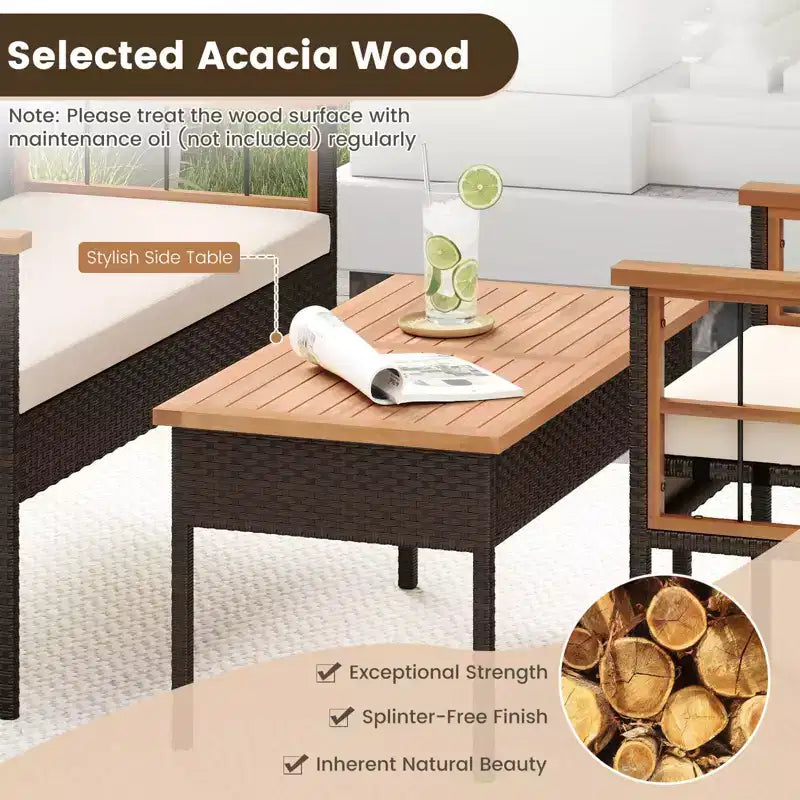 Costway Ensemble de Meubles en Rotin 8 Pièces avec Plateau de Table en Bois d'Acacia Accoudoirs Coussins pour Jardin
