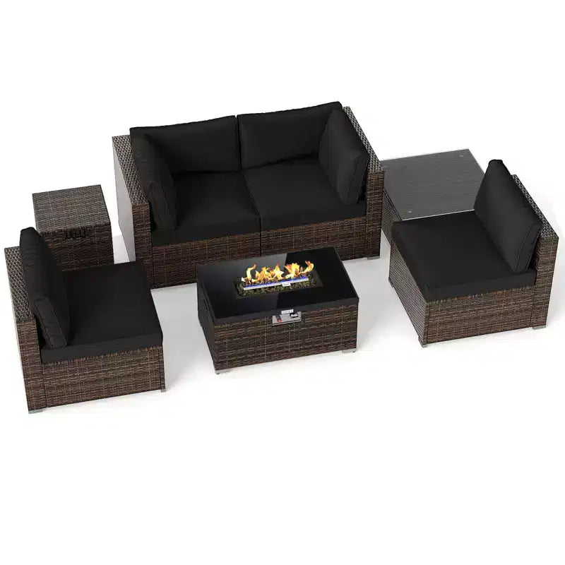 Costway Ensemble de Meubles de Jardin 7 Pièces Table Foyer à Gaz 40 000 BTU Housse pour Bouteille de Propane Table Marron Mixte + Bleu Marine/Rouge/Noir/Turquoise/Blanc Cassé