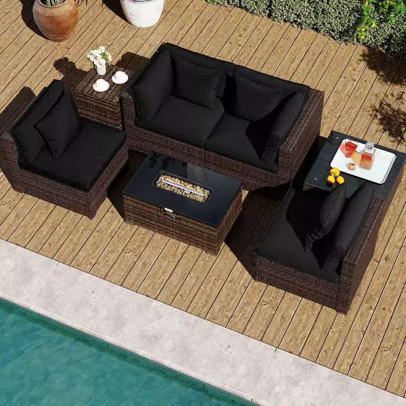 Costway Ensemble de Meubles de Jardin 7 Pièces Table Foyer à Gaz 40 000 BTU Housse pour Bouteille de Propane Table Marron Mixte + Bleu Marine/Rouge/Noir/Turquoise/Blanc Cassé