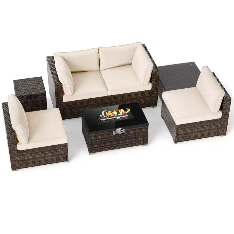Costway Ensemble de Meubles de Jardin 7 Pièces Table Foyer à Gaz 40 000 BTU Housse pour Bouteille de Propane Table Marron Mixte + Bleu Marine/Rouge/Noir/Turquoise/Blanc Cassé