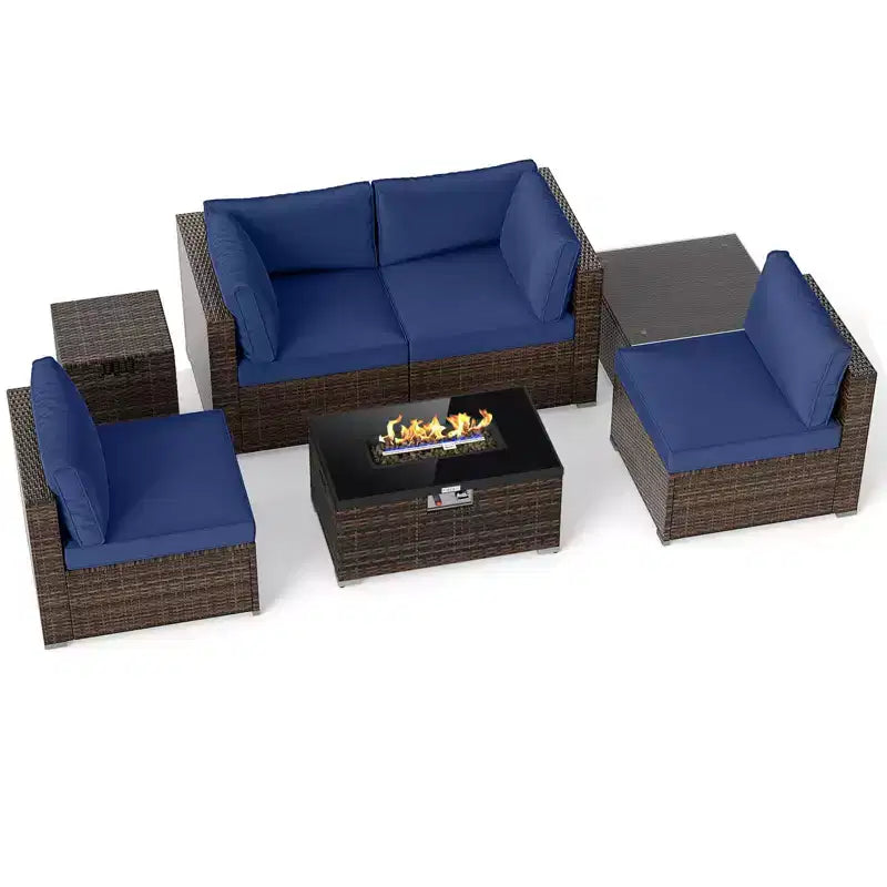 Costway Ensemble de Meubles de Jardin 7 Pièces Table Foyer à Gaz 40 000 BTU Housse pour Bouteille de Propane Table Marron Mixte + Bleu Marine/Rouge/Noir/Turquoise/Blanc Cassé