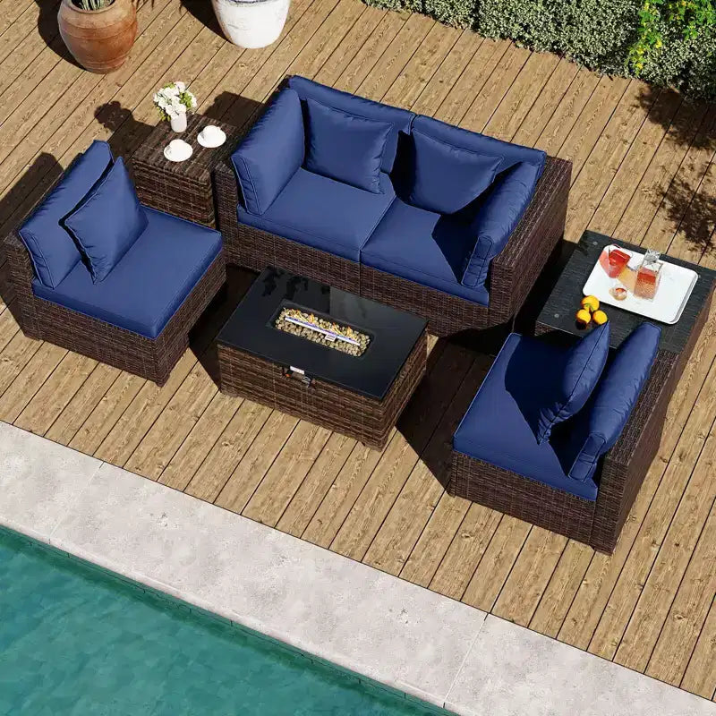 Costway Ensemble de Meubles de Jardin 7 Pièces Table Foyer à Gaz 40 000 BTU Housse pour Bouteille de Propane Table Marron Mixte + Bleu Marine/Rouge/Noir/Turquoise/Blanc Cassé